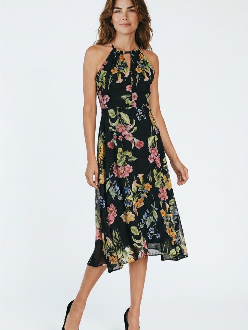 Nicole Miller Black Floral Halter-Style Midi Dress